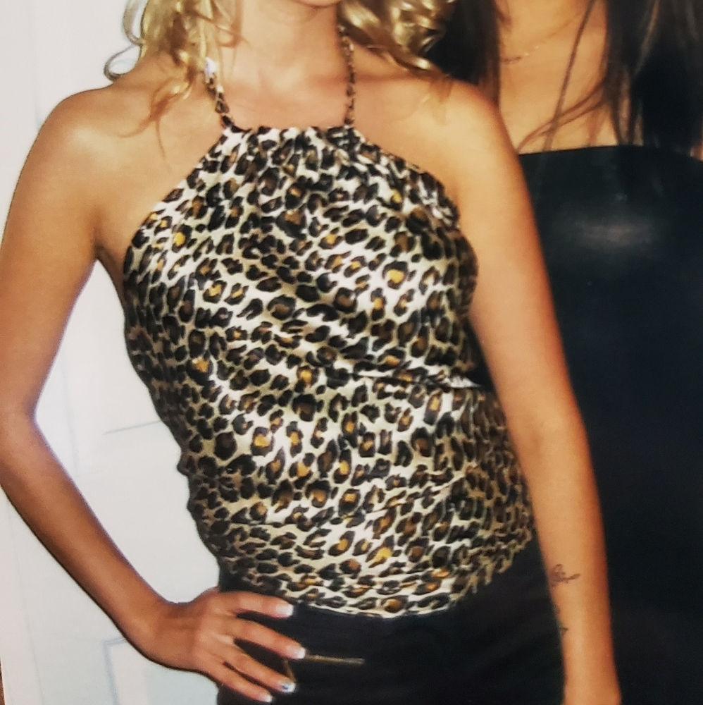 Le Chateau Leopard print scarf halter with gold chain neck one size Y2K